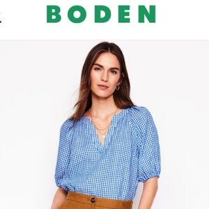 Boden Brooke Linen Top Kingfisher Blue Micro Gingham Blue White Cottage Blouse
